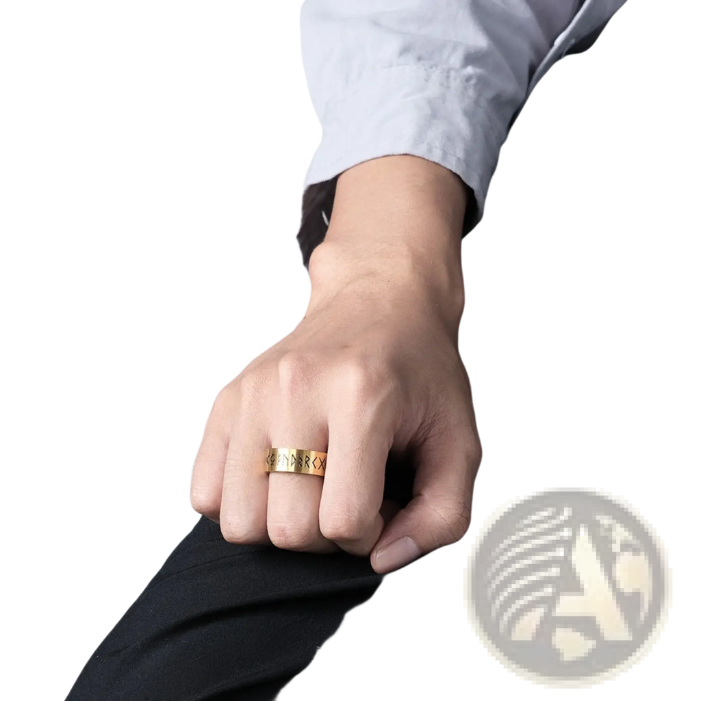 Gold-colored engraved runic titanium steel band ring for men and women worn on a finger