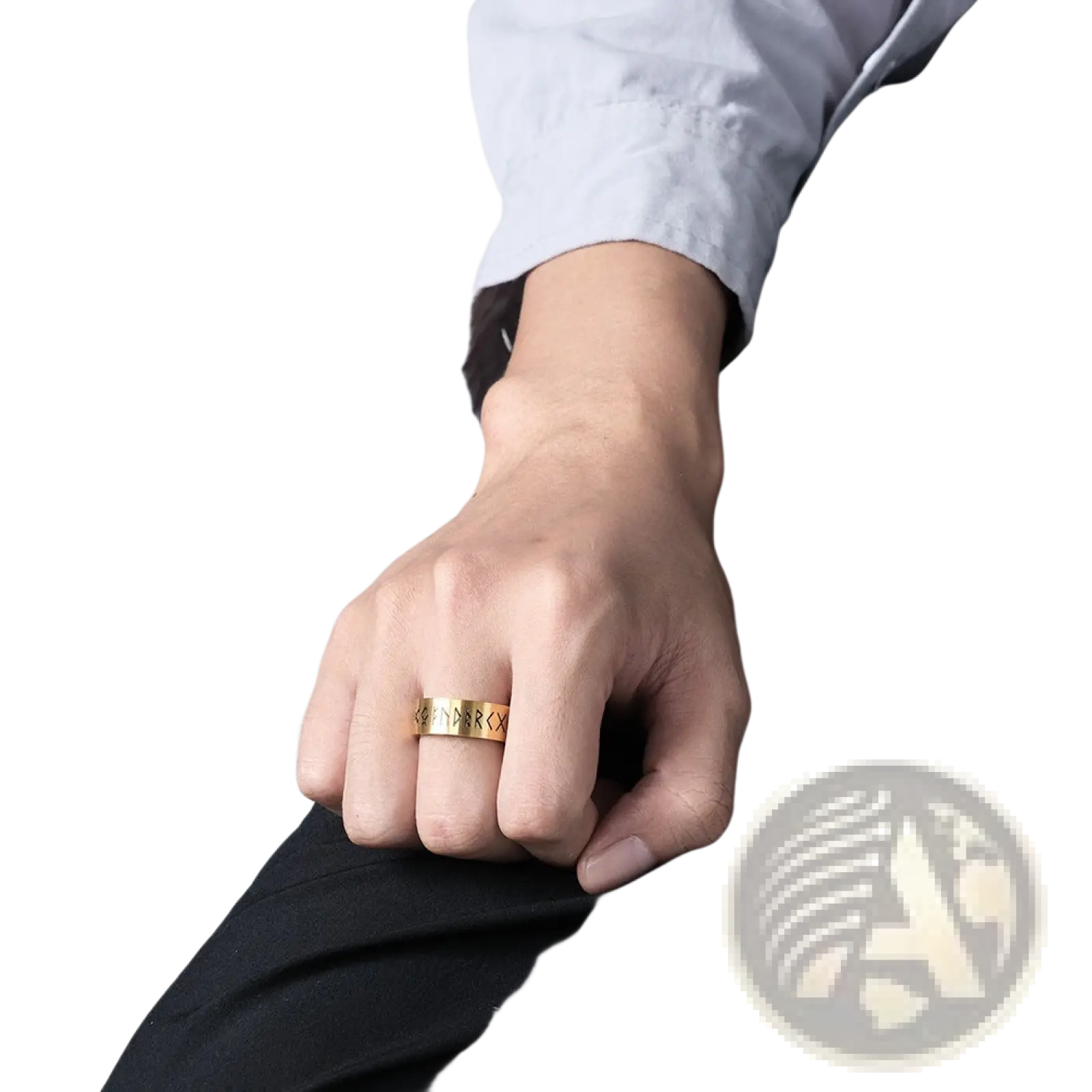 Gold-colored engraved runic titanium steel band ring for men and women worn on a finger