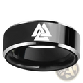 Black tungsten carbide ring with polished silver inner band and engraved white valknut viking symbol stainless steel band ring