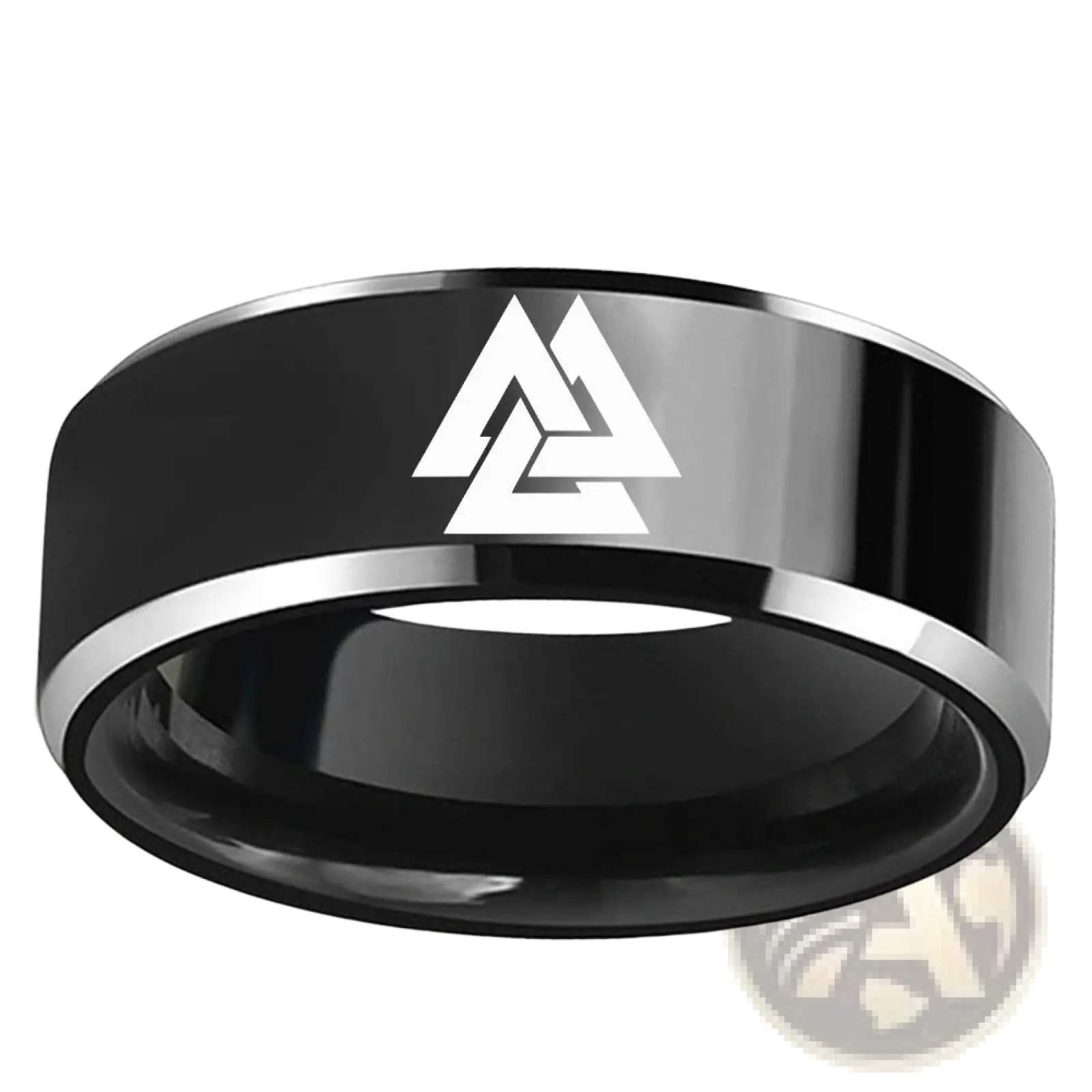 Black tungsten carbide ring with polished silver inner band and engraved white valknut viking symbol stainless steel band ring