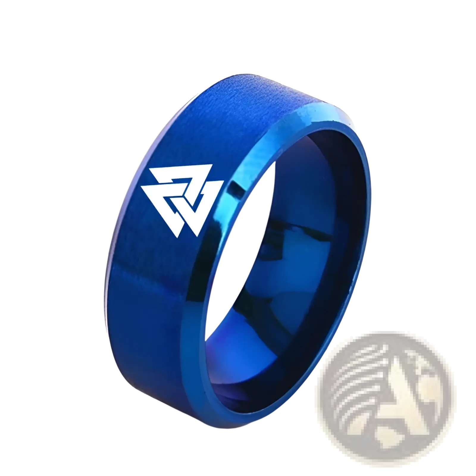 A vibrant blue titanium ring with an engraved white valknut viking symbol on its side stainless steel band ring
