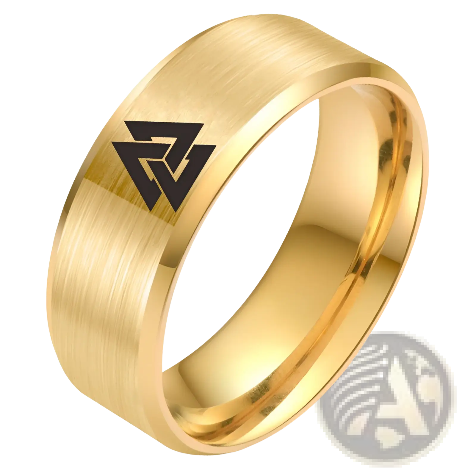 Gold-colored stainless steel band ring with brushed finish and engraved black valknut Viking symbol on outer surface
