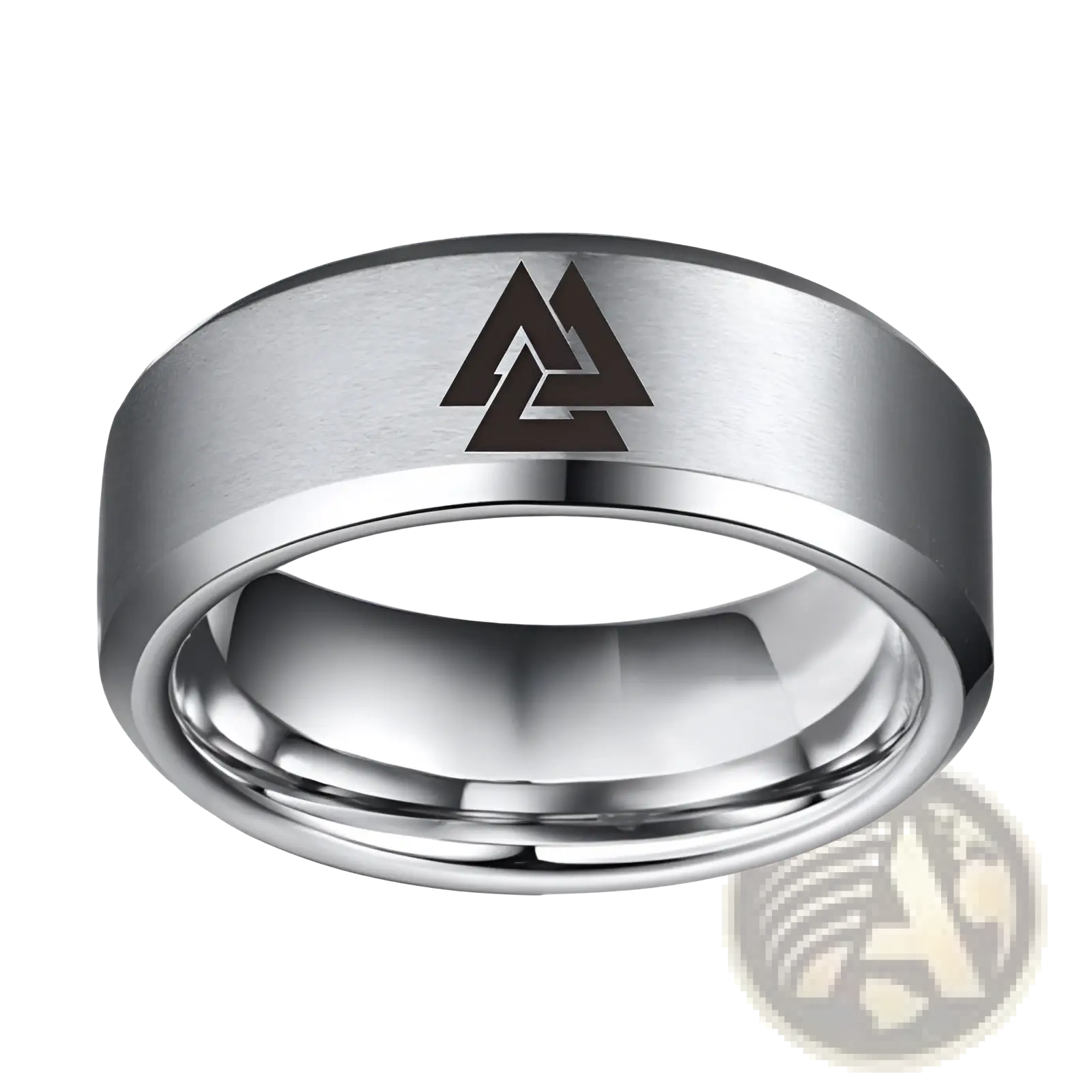 A sleek silver tungsten carbide ring with a black engraved valknut viking symbol on a brushed metallic surface