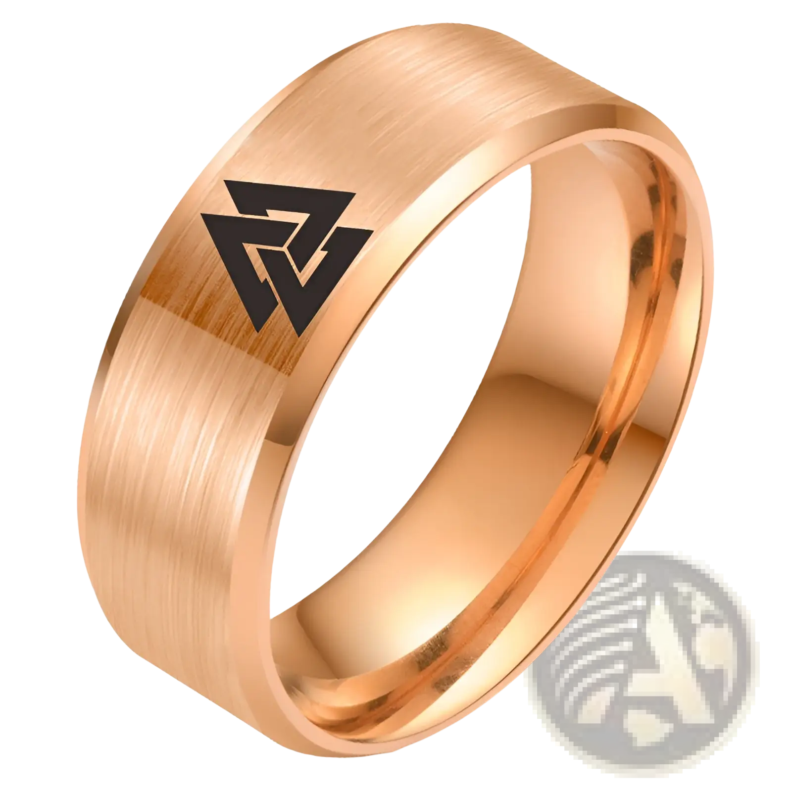 Engraved valknut Viking symbol stainless steel band ring in rose gold with brushed finish on outer surface