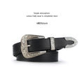 Engraved western leather belt featuring black leather with an ornate silver-toned buckle and matching decorative tip