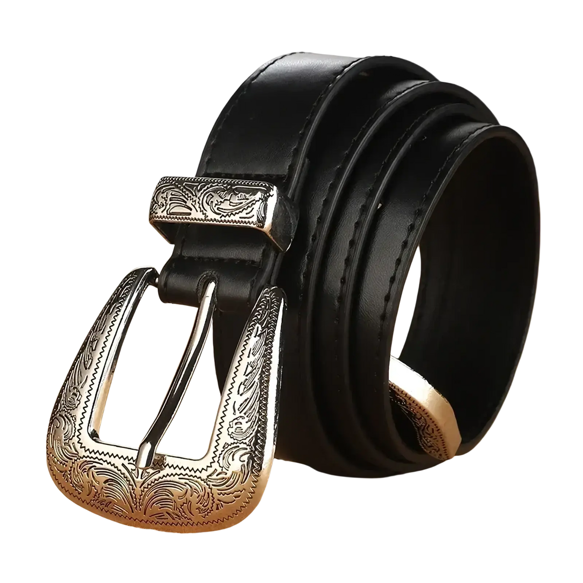 Black leather belt with an ornate silver-toned engraved western leather buckle featuring intricate floral engraving