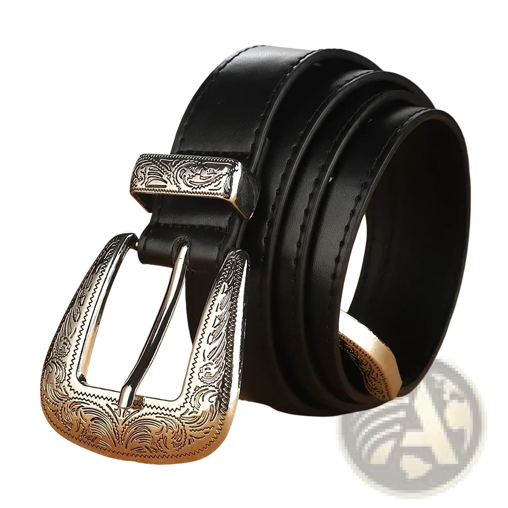 Black leather engraved western belt with an ornate silver-toned buckle featuring intricate floral engraving