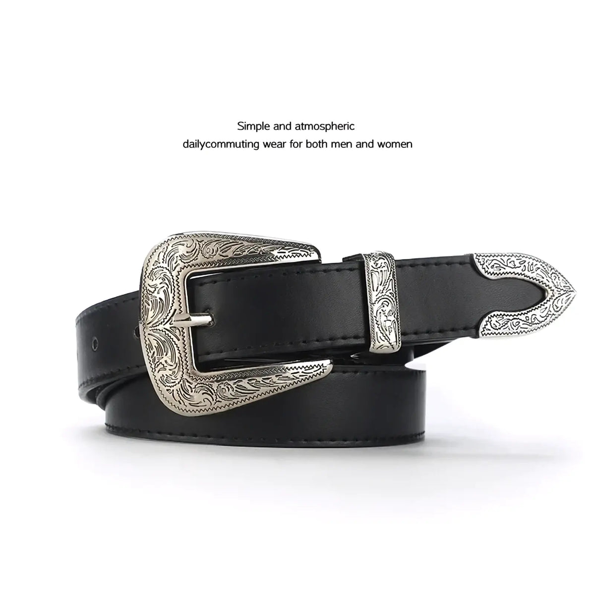 Black leather engraved western belt with ornate silver-toned floral buckle and matching decorative tip