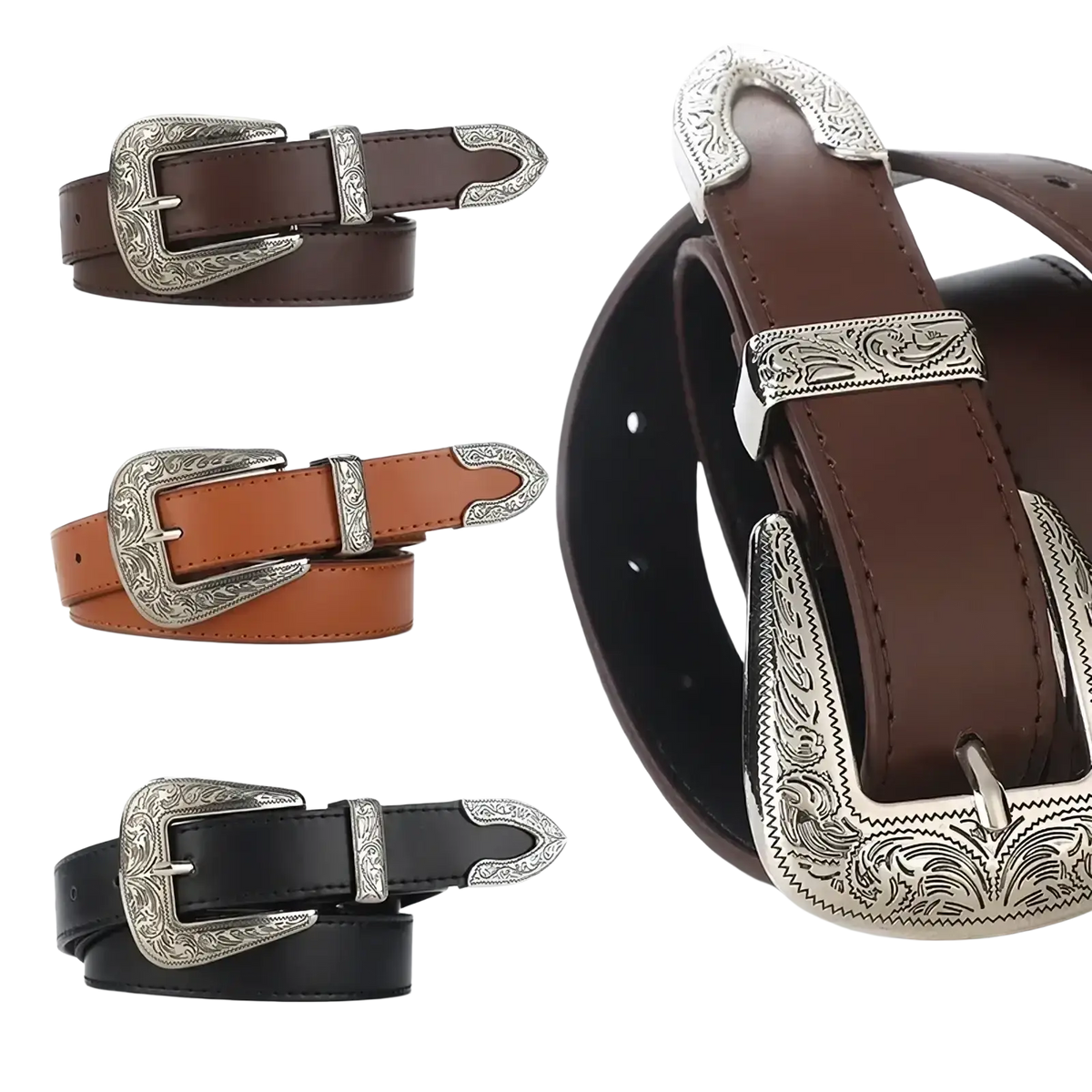 Brown leather belt with ornate silver-toned engraved western leather buckle featuring intricate floral design