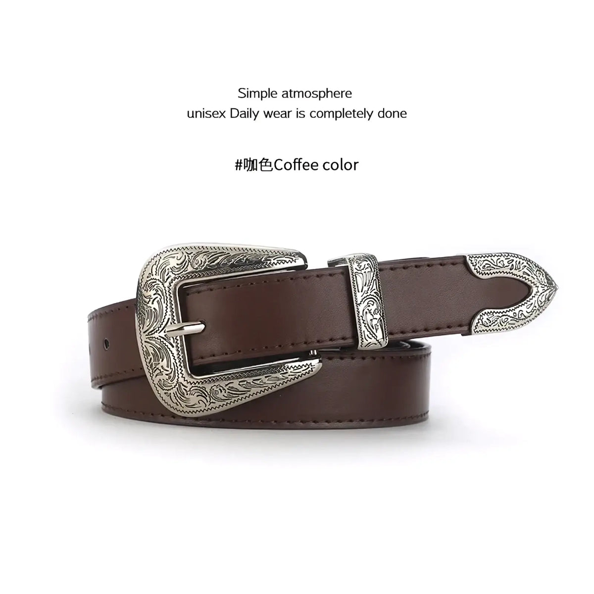 Engraved western leather belt in brown with ornate silver-toned floral engraved buckle and matching tip
