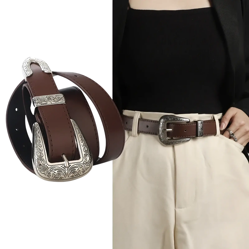 Brown leather unisex engraved western leather belt with ornate silver toned buckle featuring floral engraving