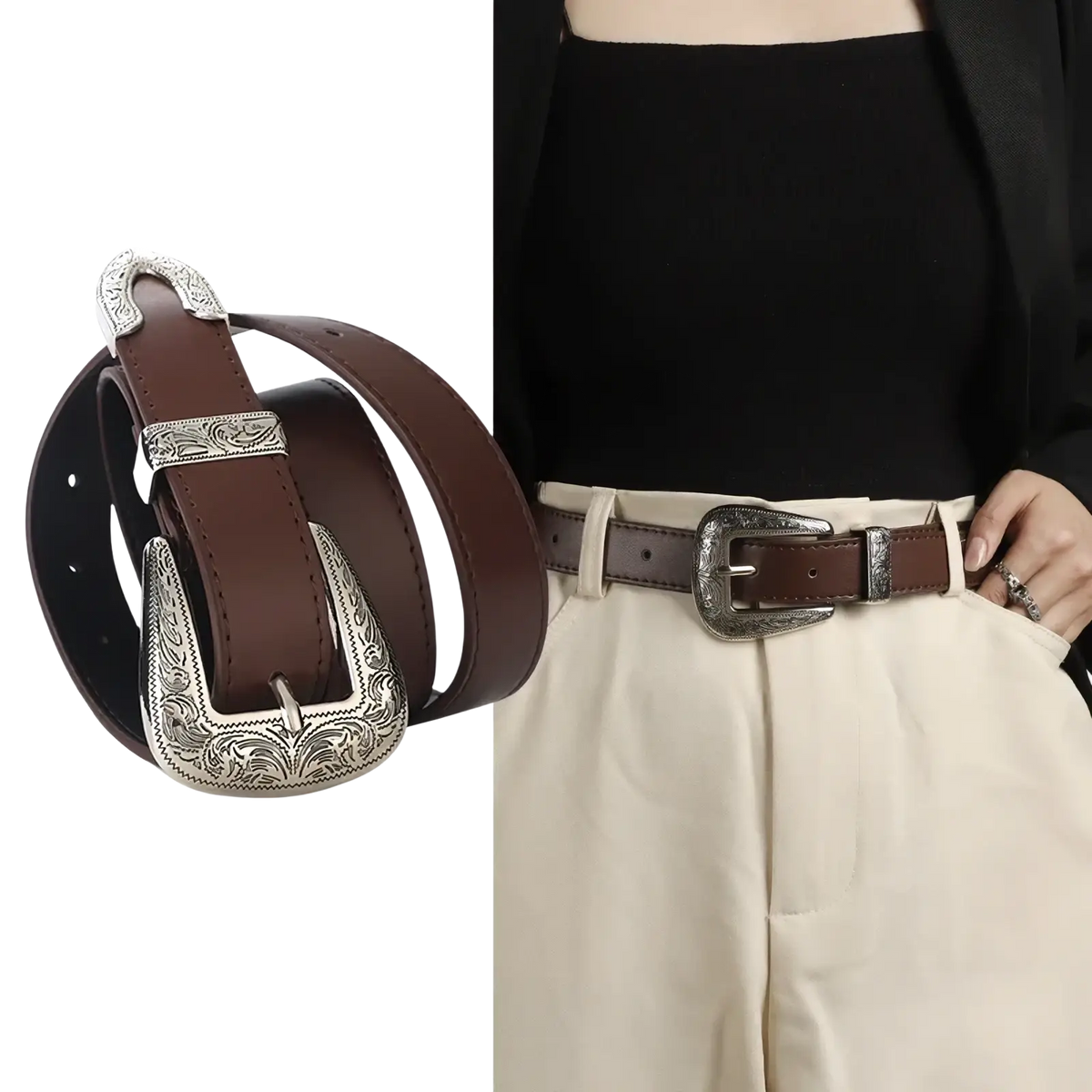 Brown leather unisex engraved western leather belt with ornate silver toned buckle featuring floral engraving