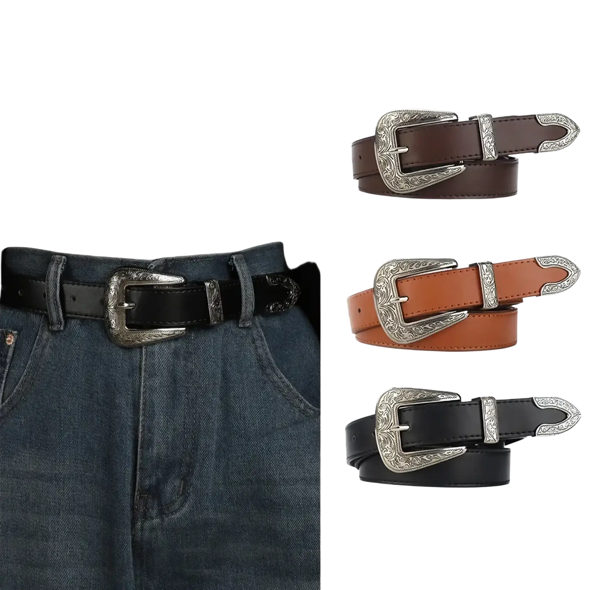 Silver-toned engraved western leather belt buckles with matching black brown and tan leather straps for men and women
