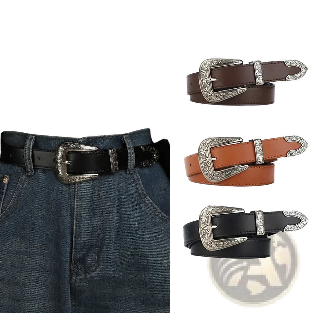 Engraved western leather belt with silver-toned intricately engraved buckle and brown tan black leather strap