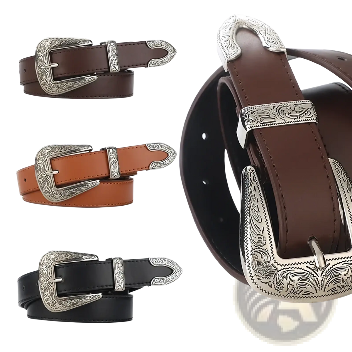 Engraved western leather belts in brown tan and black with silver-toned intricately engraved belt buckles and hardware