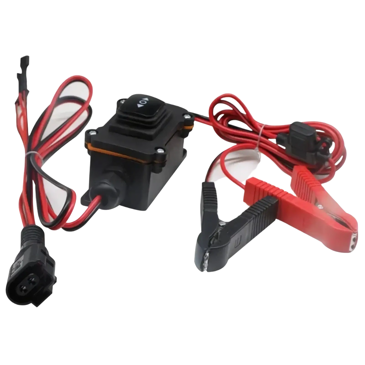 Black plastic epb caliper motor release tool with red and black wires toggle switch and matching alligator clips for car repair