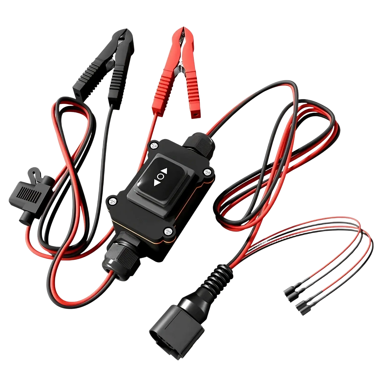 Black plastic car battery jump starter with red and black clamps for epb caliper motor release tool in car repair
