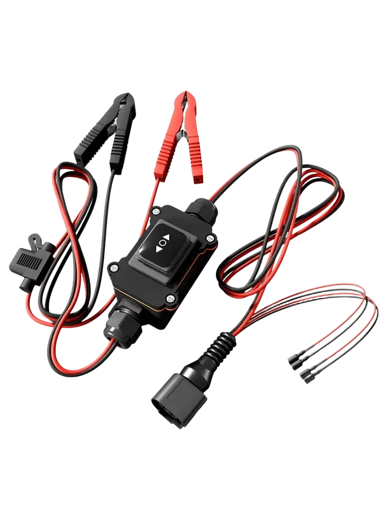 Black plastic epb caliper motor release tool with red and black cables clamps and toggle switch for car repair
