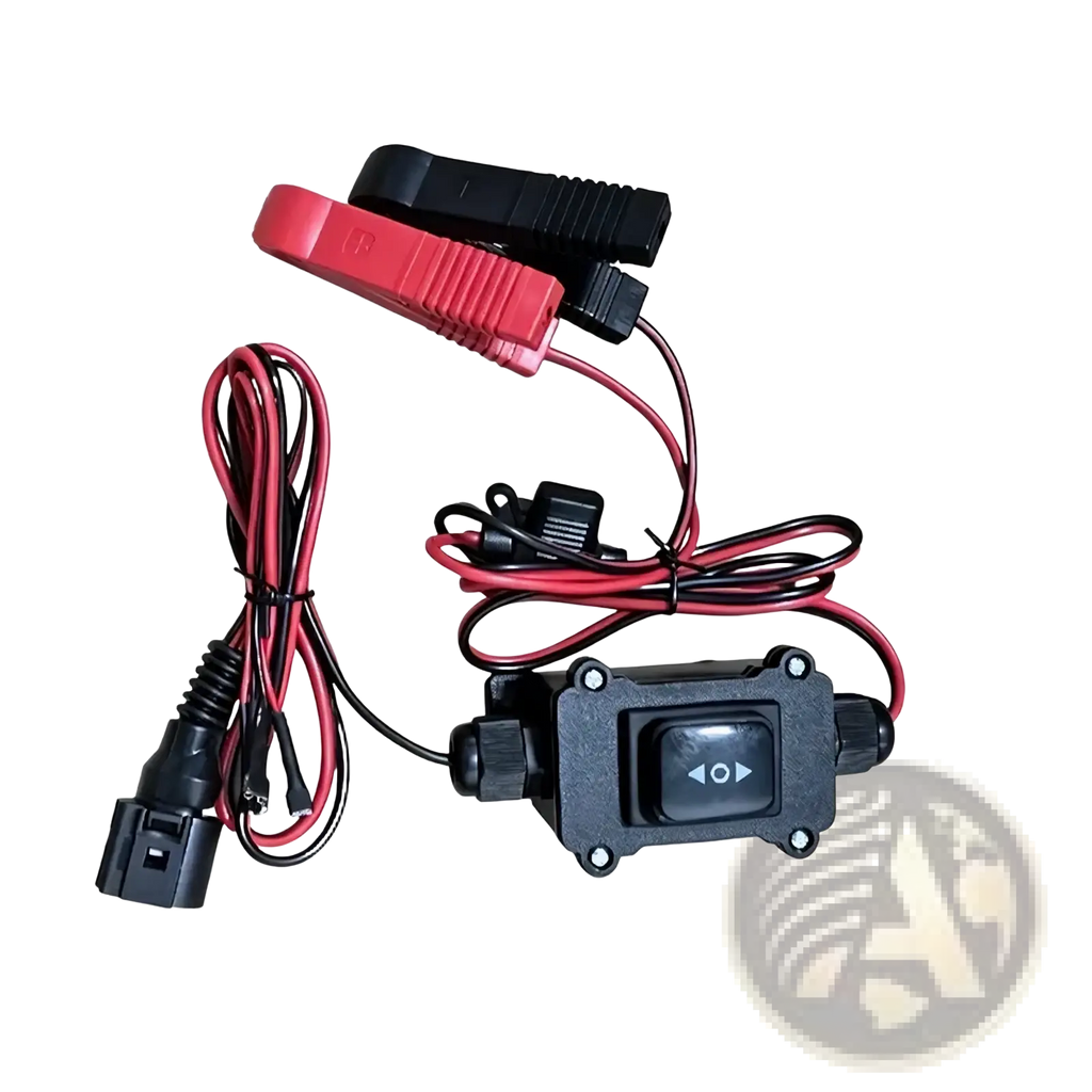 Black plastic epb caliper motor release tool with red and black wires toggle switch and insulated alligator clips for car repair