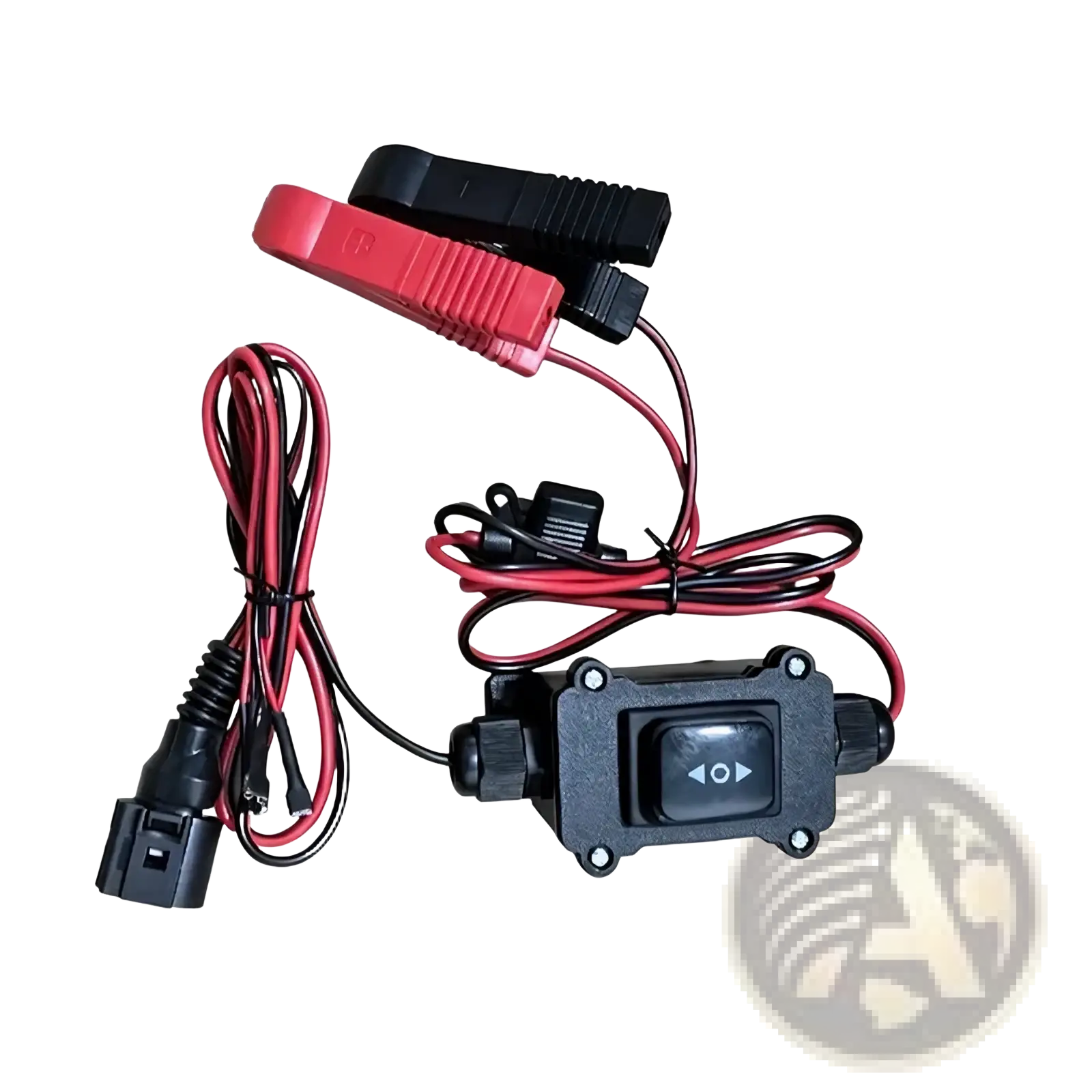 Black plastic epb caliper motor release tool with red and black wires toggle switch and insulated alligator clips for car repair