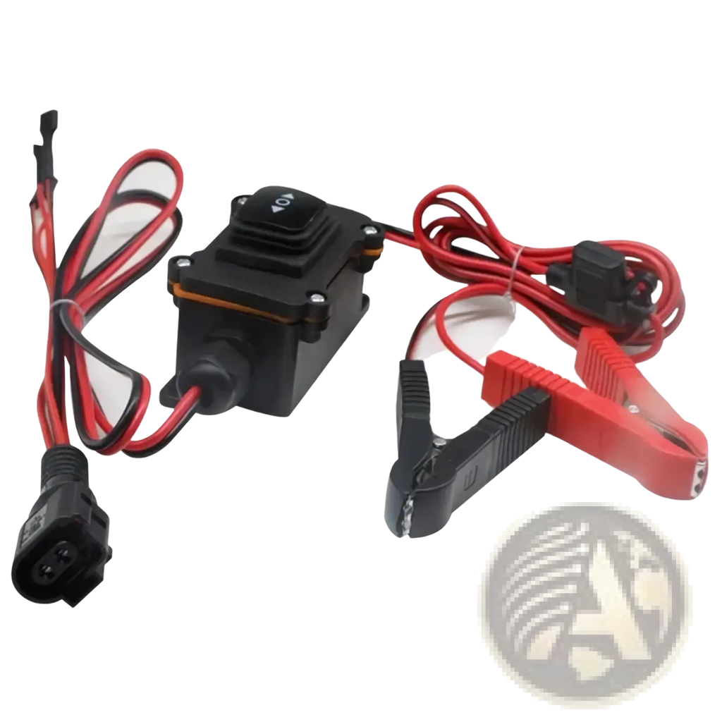 Black plastic epb caliper motor release tool with red and black wires toggle switch and matching alligator clips for car repair