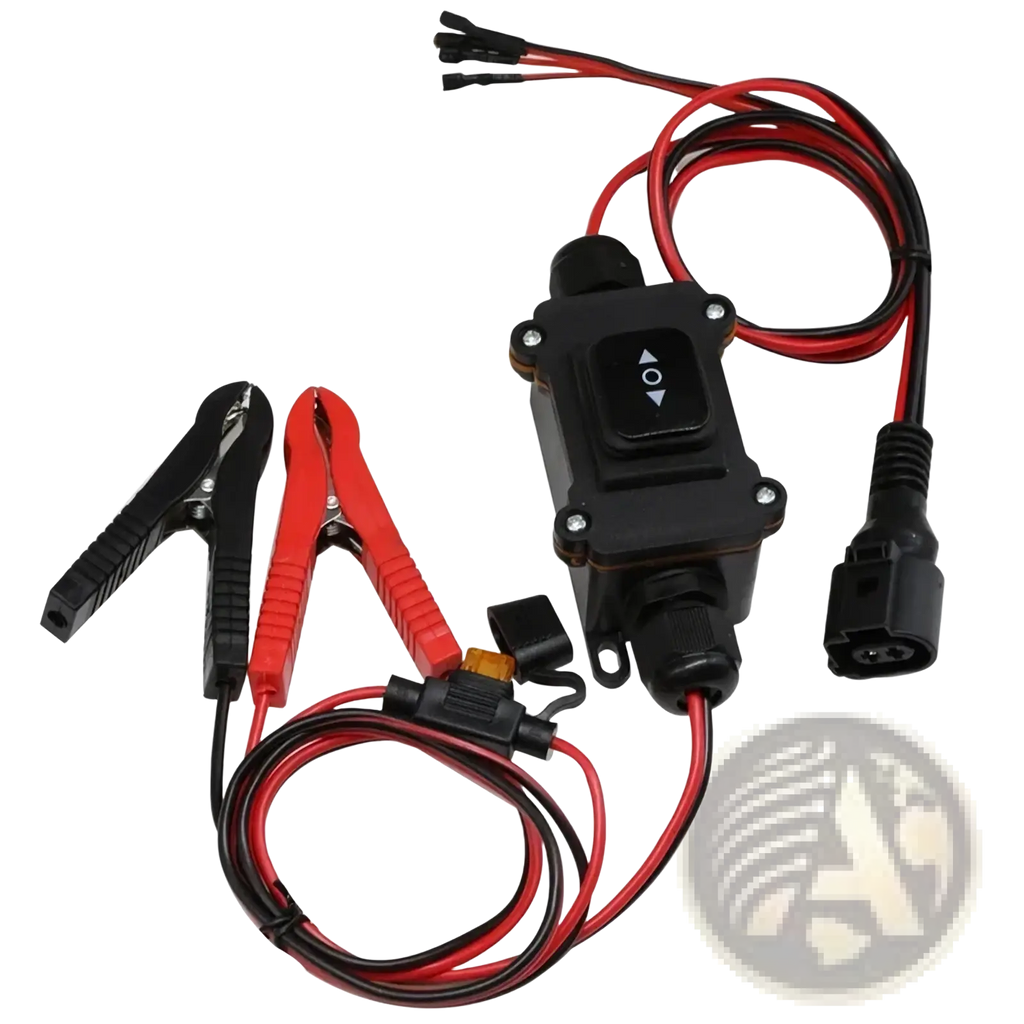 Black plastic epb caliper motor release tool with red and black clamps control button and coiled wiring for car repair