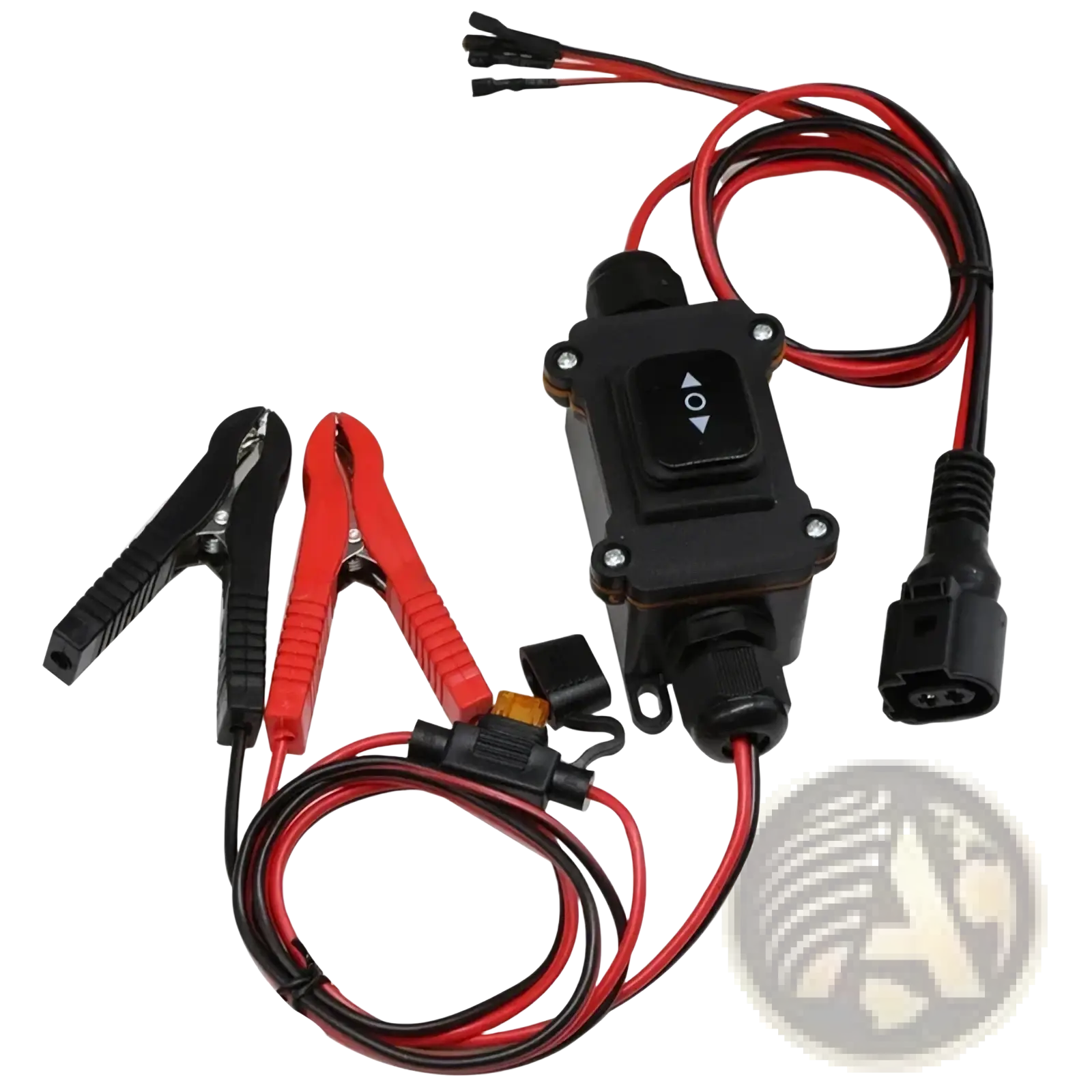 Black plastic epb caliper motor release tool with red and black clamps control button and coiled wiring for car repair
