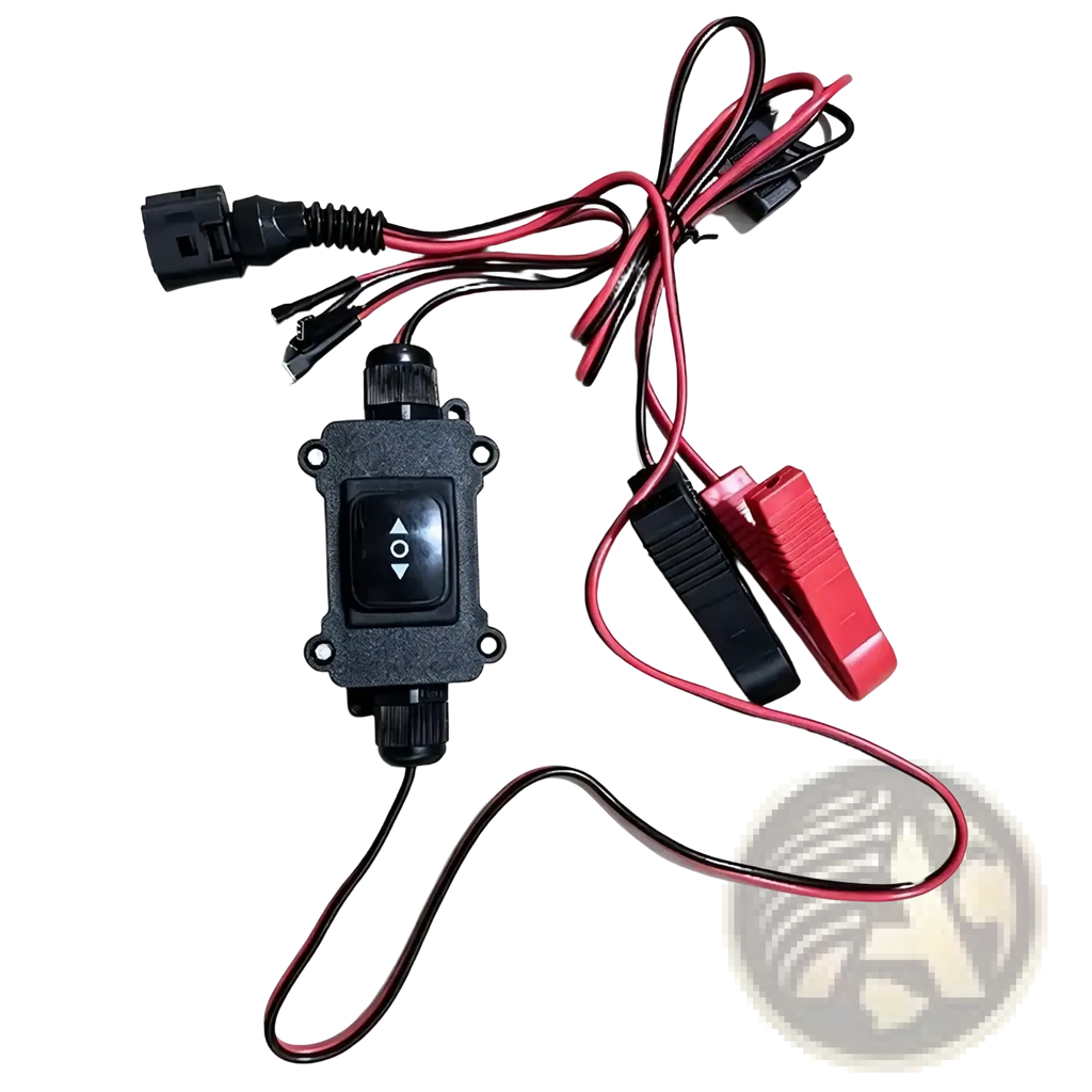 Black plastic epb caliper motor release tool with red and black wires toggle switch and insulated alligator clips for car repair