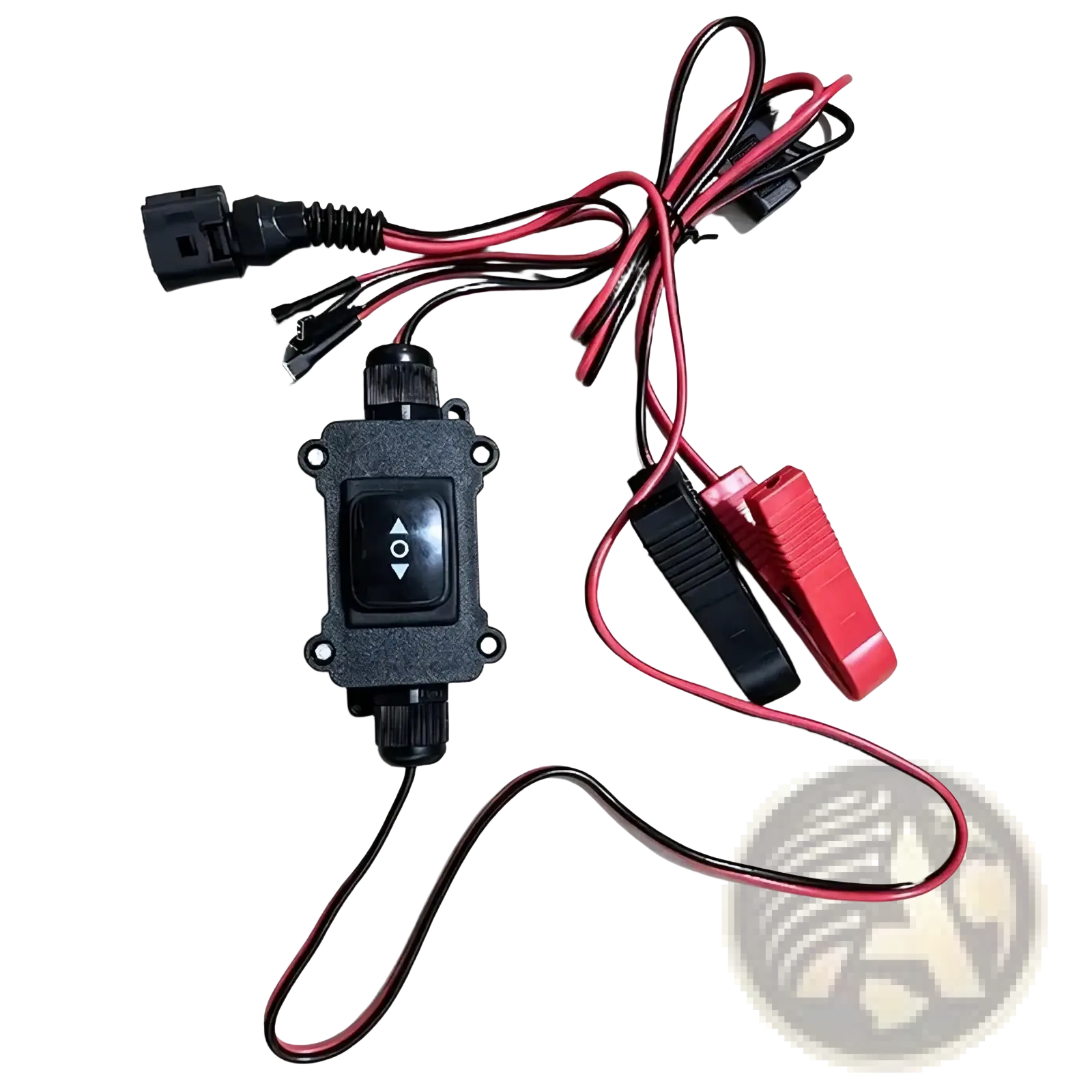Black plastic epb caliper motor release tool with red and black wires toggle switch and insulated alligator clips for car repair