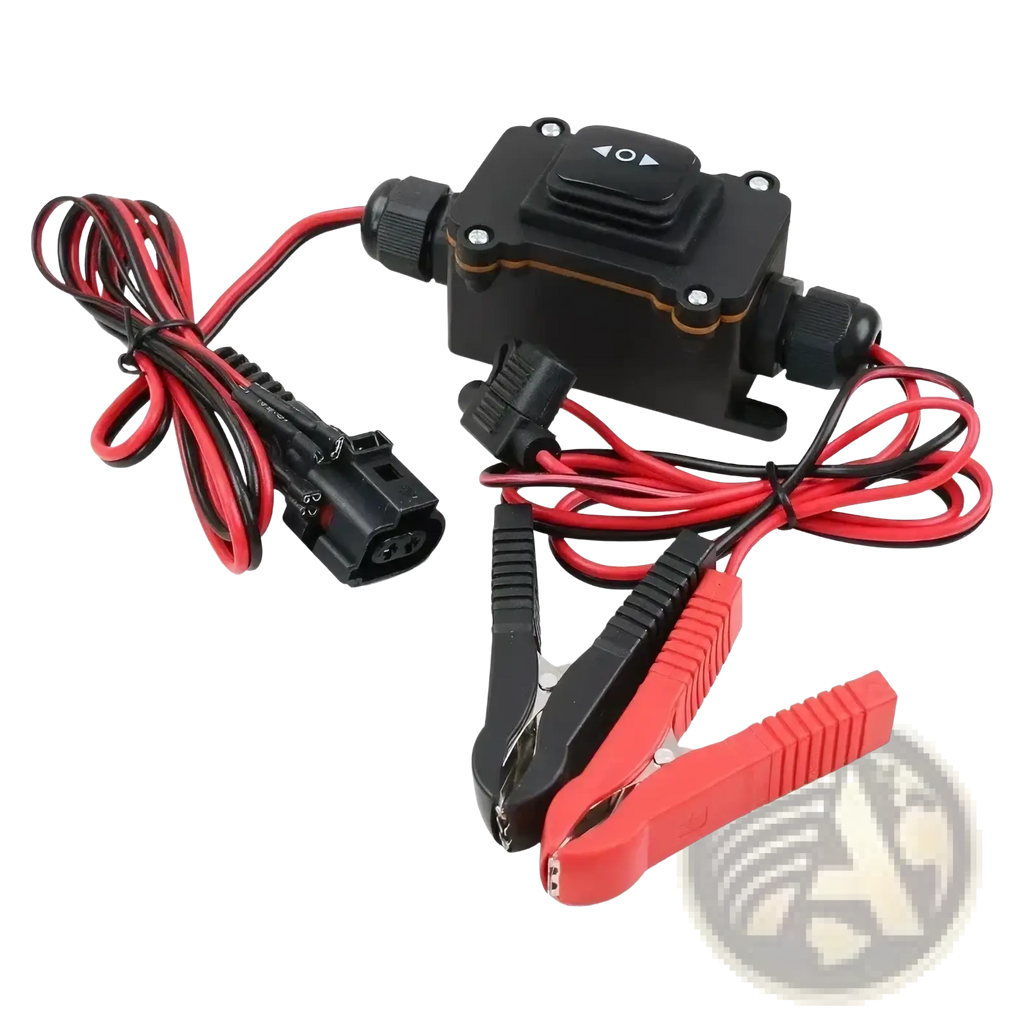 Black plastic epb caliper motor release tool with red and black cables and control panel with directional arrows for car repair