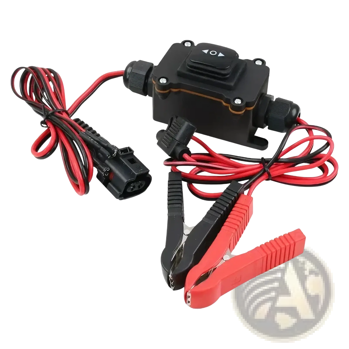 Black plastic epb caliper motor release tool with red and black cables and control panel with directional arrows for car repair