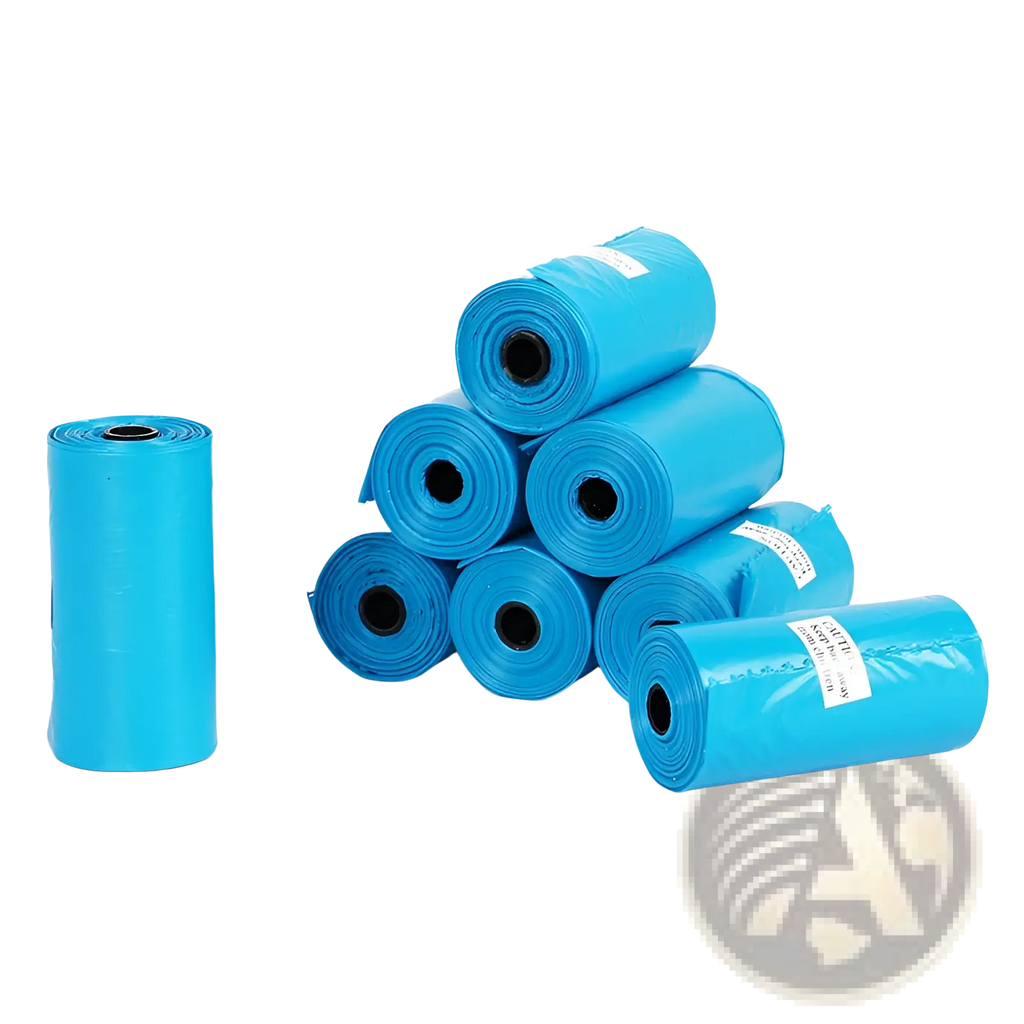 Bright blue plastic roll of epi degradable dog waste bags with 120 count for pet waste disposal