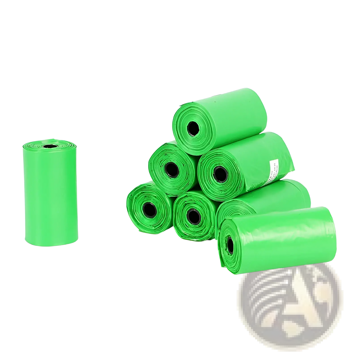 Bright green glossy plastic rolls of Epi degradable dog waste bags 120 count for pet waste disposal