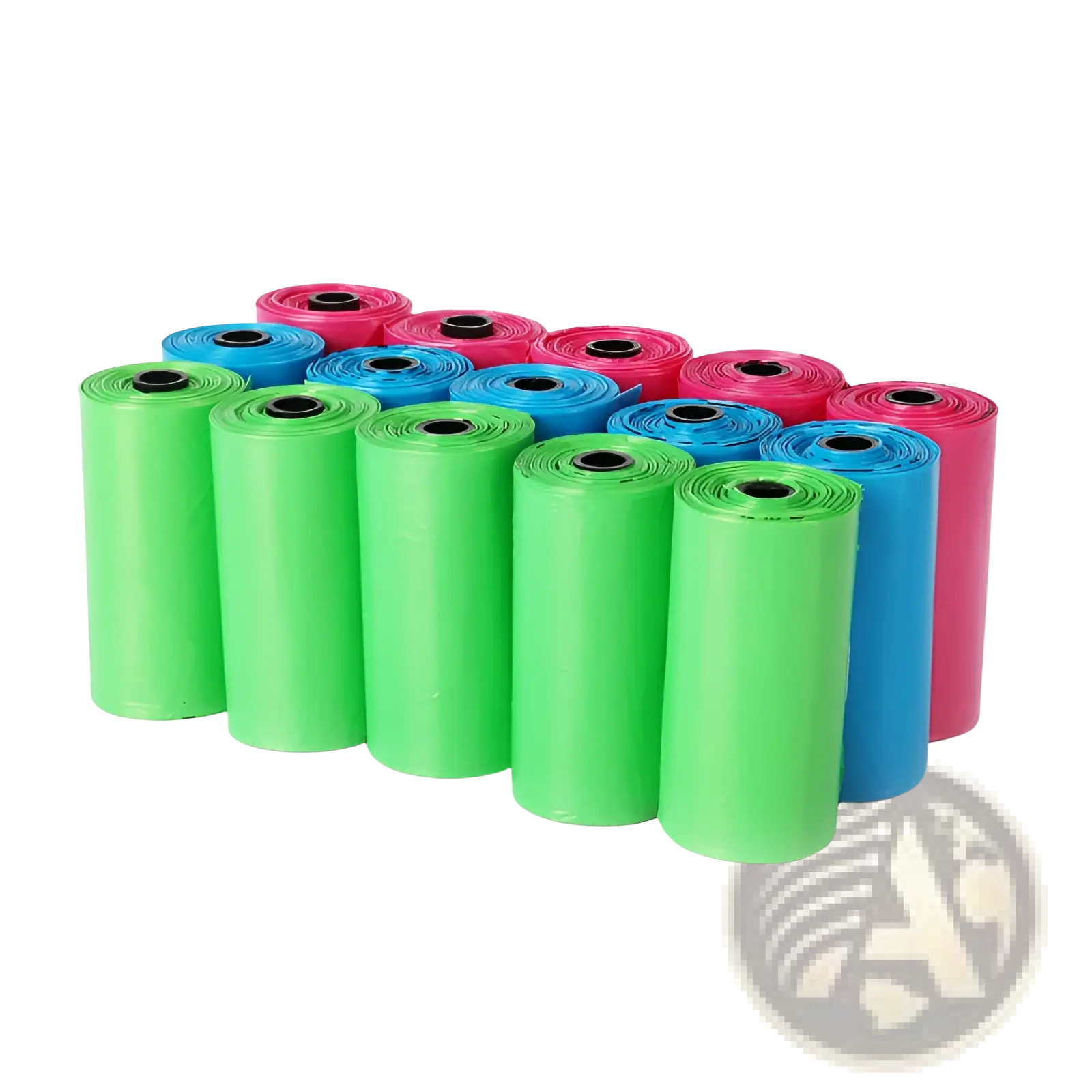 Epi degradable dog waste bags in bright green blue and pink plastic rolls with black central cores 120 count