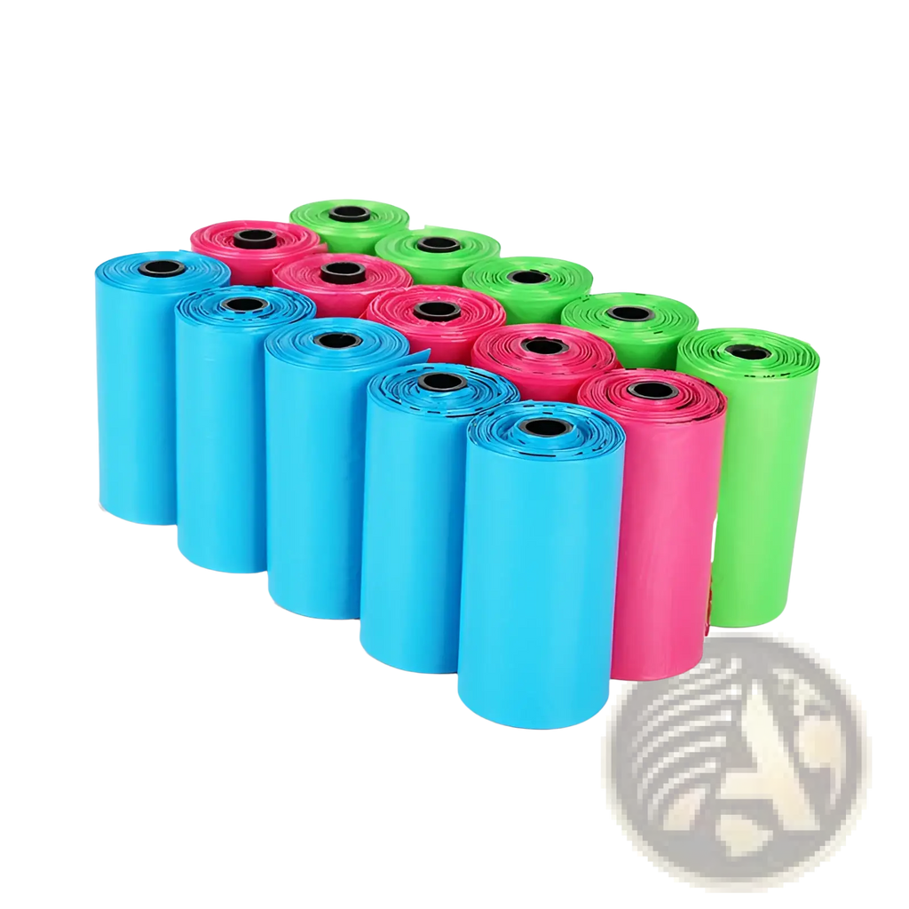 Epi degradable dog waste bags 120 count in bright blue pink and green plastic rolls for eco friendly use