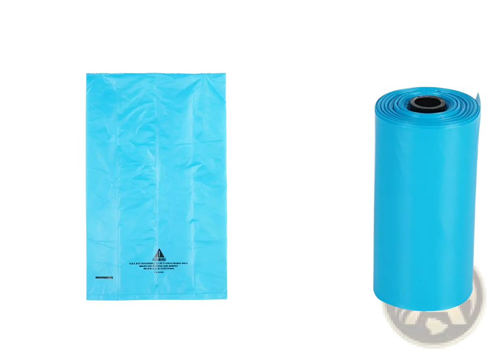 Light blue plastic epi degradable dog waste bags shown flat and rolled up 120 count for easy use