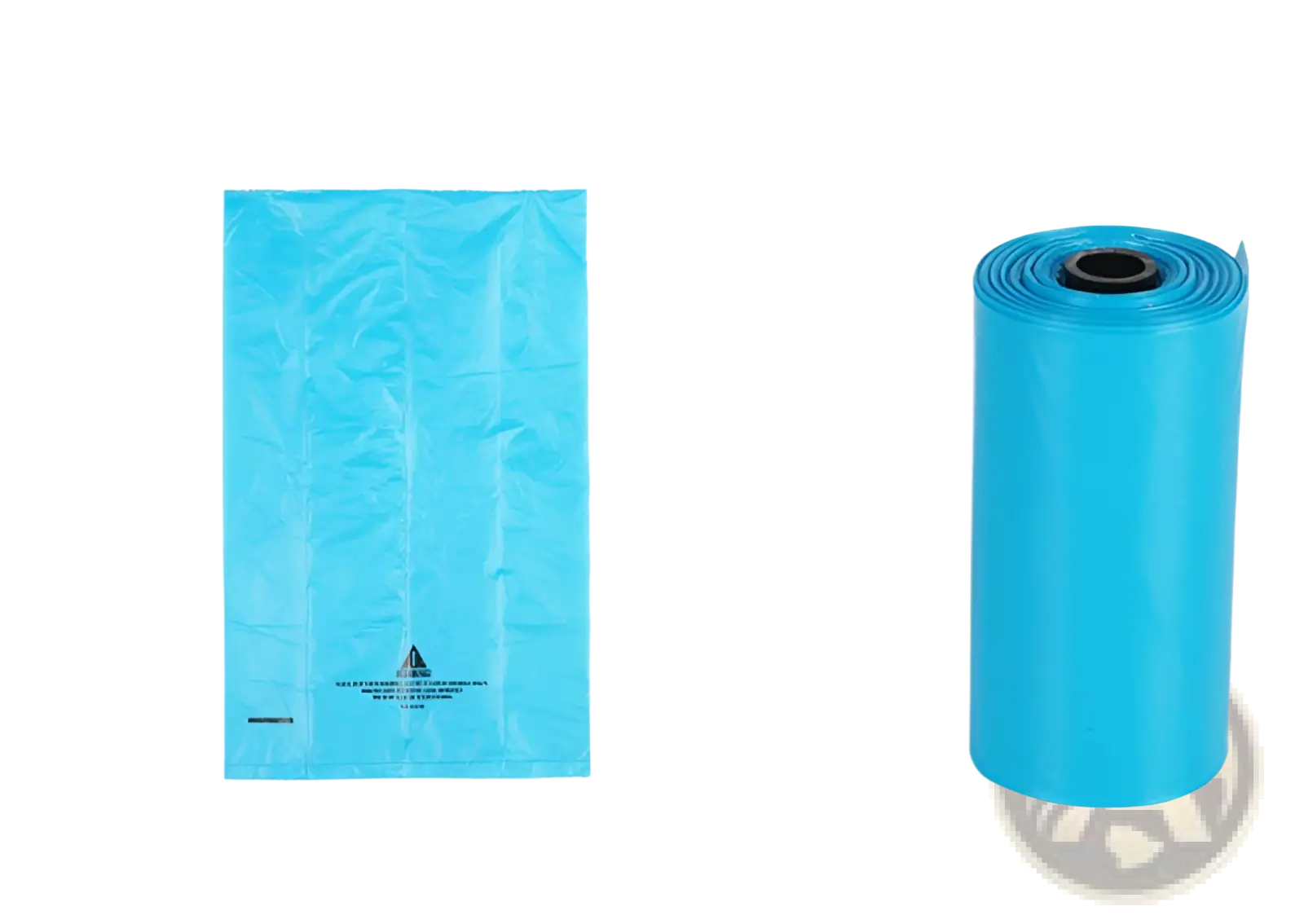 Light blue plastic epi degradable dog waste bags shown flat and rolled up 120 count for easy use