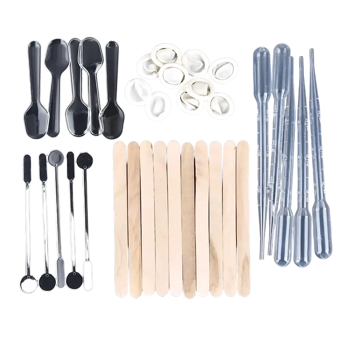 Epoxy resin mixing tool set with clear plastic spatulas, pipettes, and wooden stirring sticks for diy jewelry making