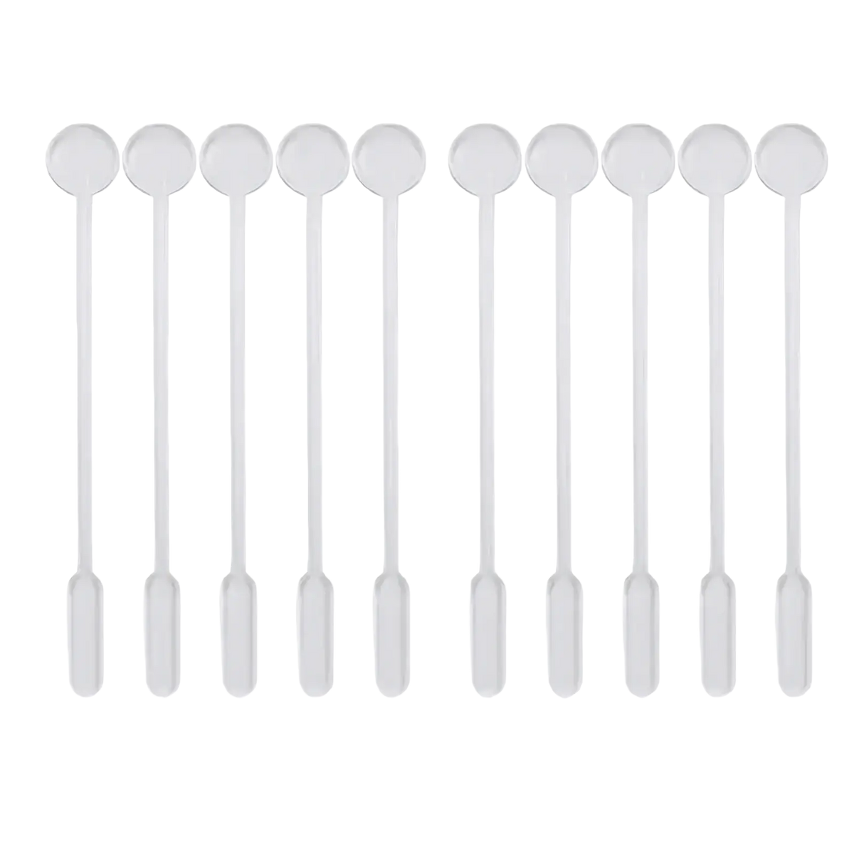 Clear plastic cocktail stirrers with rounded tops and tapered handles for epoxy resin mixing tool set in diy jewelry making