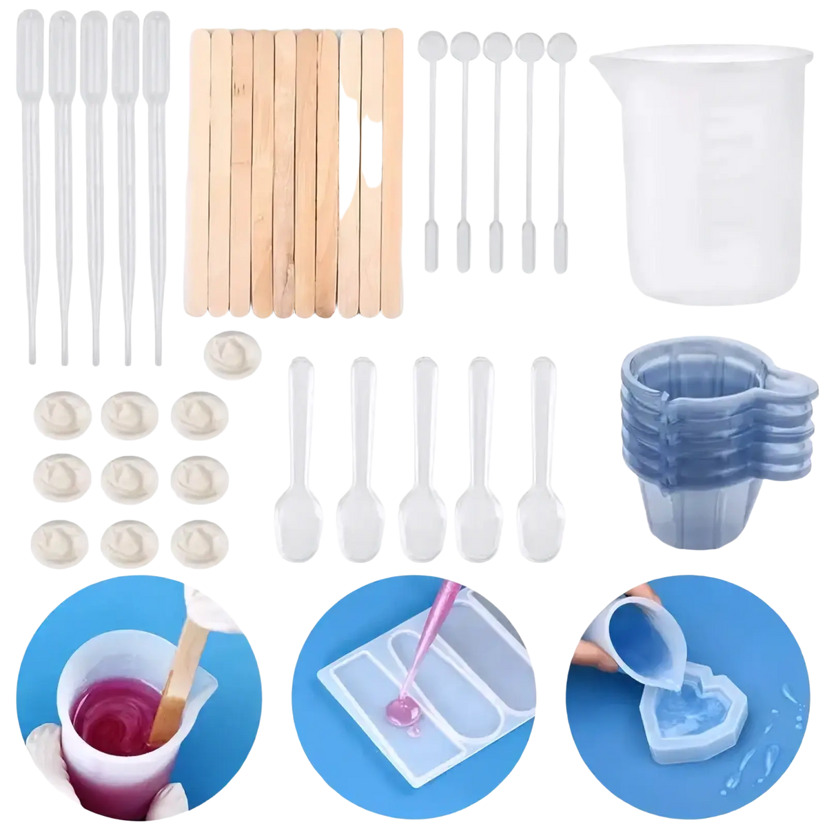 Clear plastic epoxy resin measuring cup with white markings and handle for diy jewelry making tool set