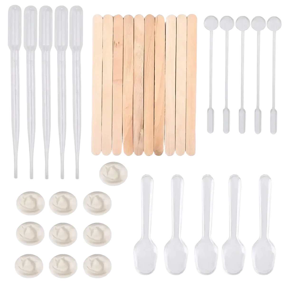 Epoxy resin mixing tool set with clear plastic droppers wooden sticks white silicone spoons and round molds for diy jewelry making