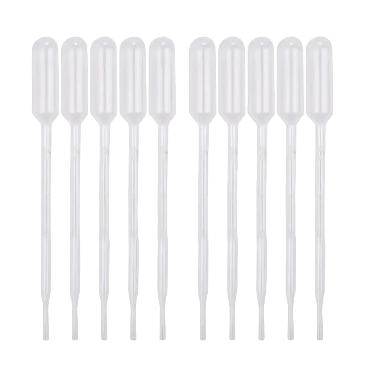 Clear plastic pipettes in two rows for epoxy resin mixing tool set used in diy jewelry making