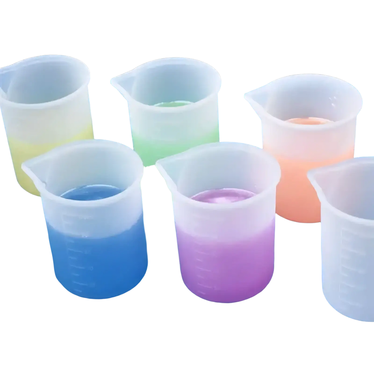 Six translucent plastic beakers filled with different colored liquids in an epoxy resin mixing tool set for diy jewelry making