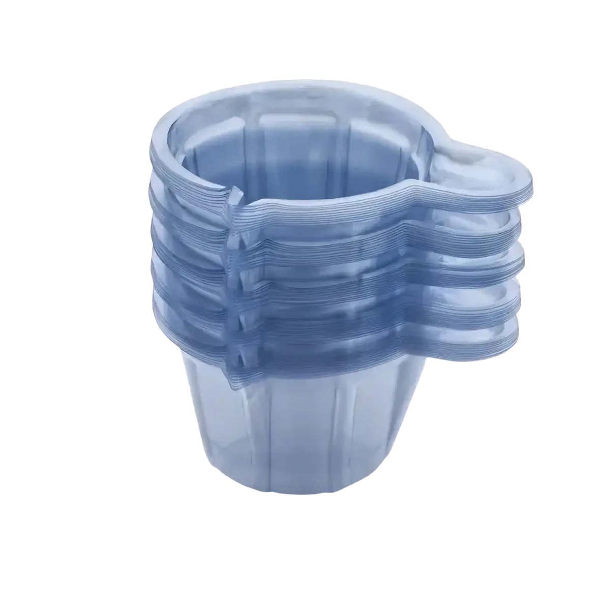 Stack of translucent blue plastic epoxy resin mixing containers with ridged sides and integrated handles for diy jewelry making