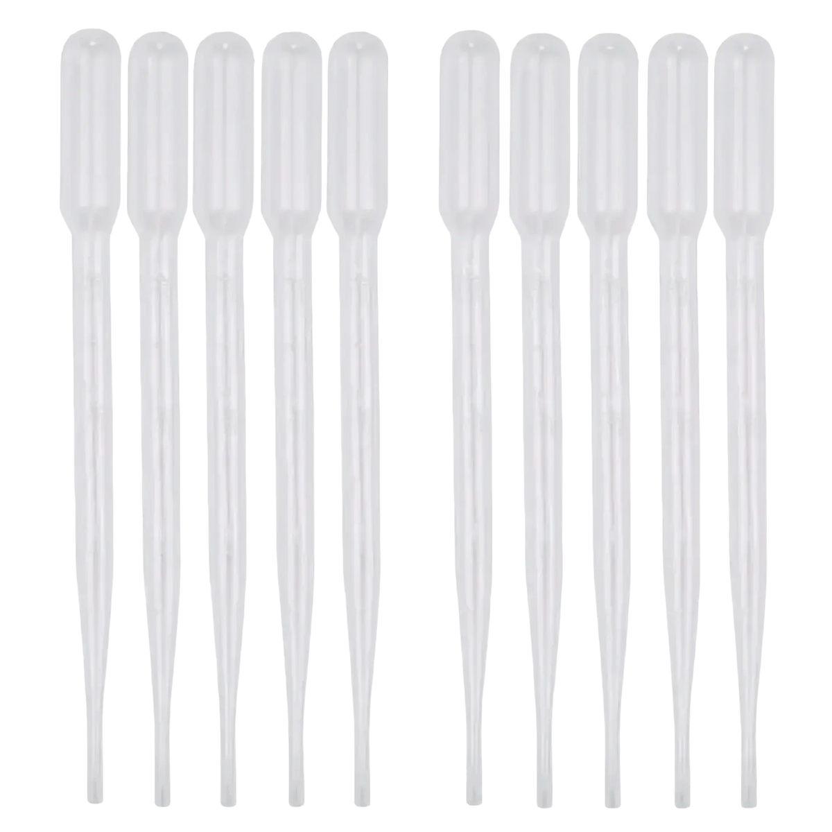 Ten clear plastic pipettes arranged in two rows included in epoxy resin mixing tool set for diy jewelry making
