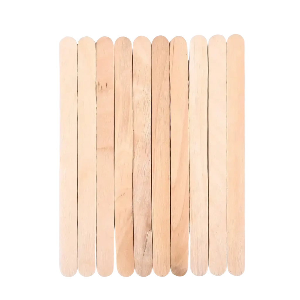 Ten light-colored wooden popsicle sticks neatly arranged for epoxy resin mixing tool set for diy jewelry making