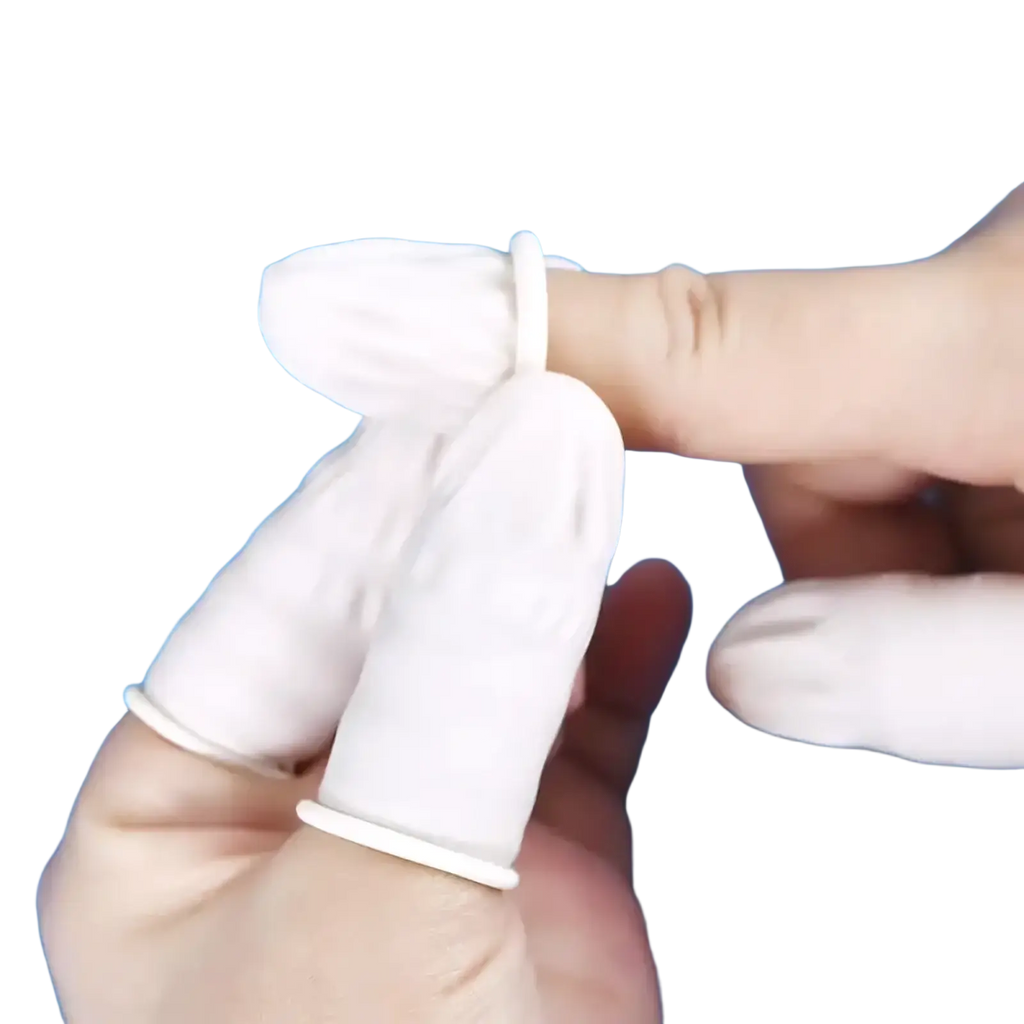 White latex finger gloves worn on two fingers in epoxy resin mixing tool set for diy jewelry making use