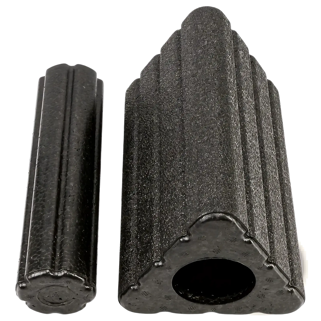 Black textured foam roller with fluted design and triangular end cap from epp triangle foam yoga block and roller