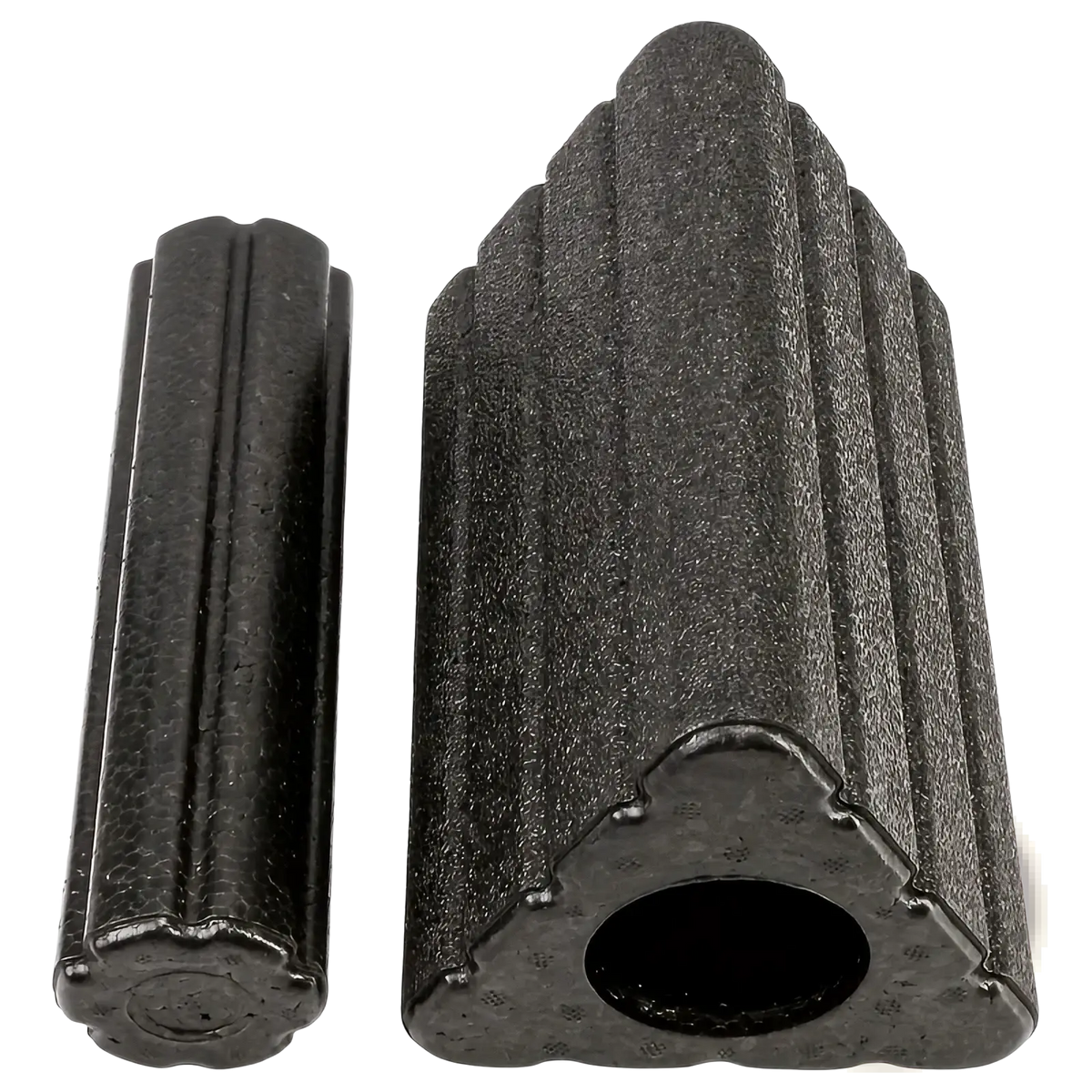 Black textured foam roller with fluted design and triangular end cap from epp triangle foam yoga block and roller