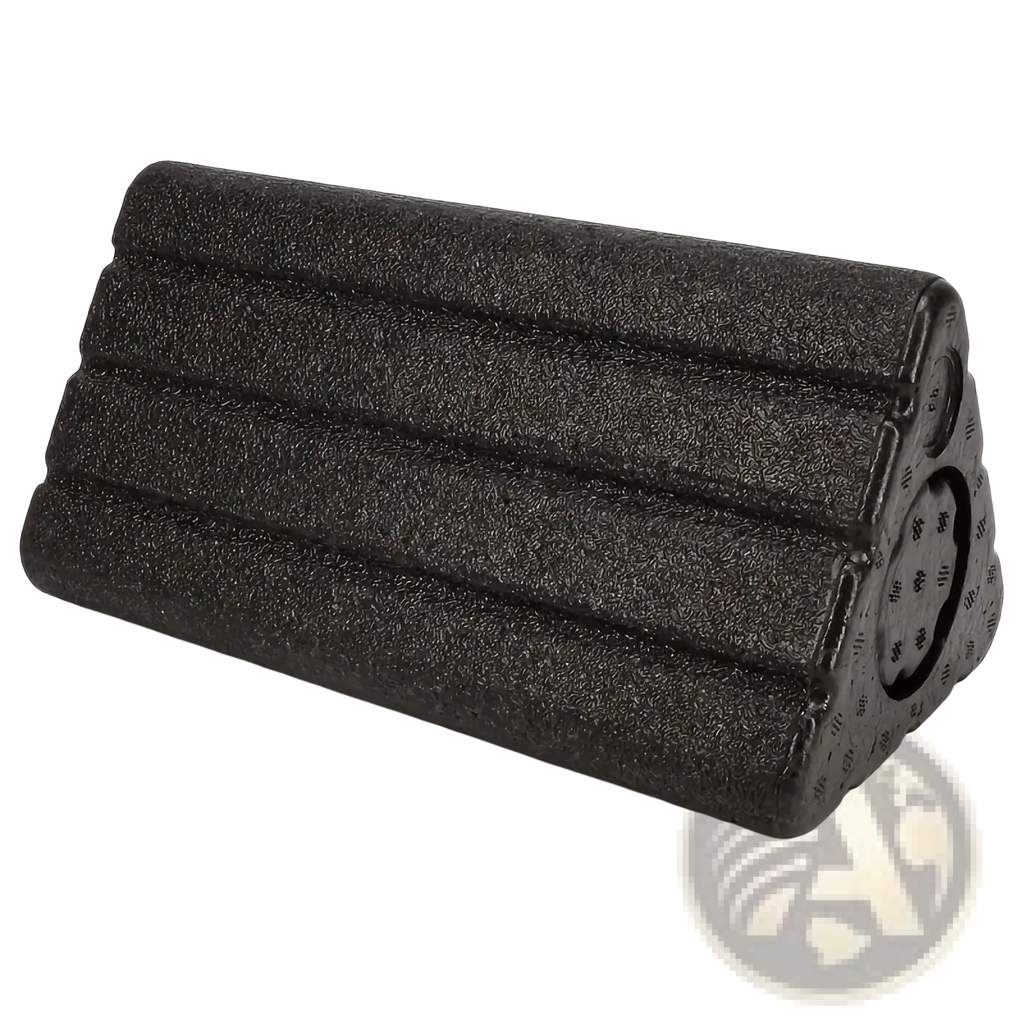 Black textured Epp triangle foam yoga roller with three ridges and circular indentations on the side